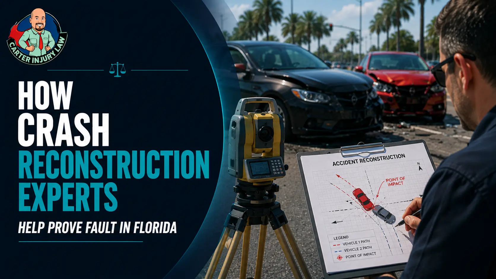 Crash reconstruction expert analyzing a Florida accident scene to determine vehicle impact points and prove fault.