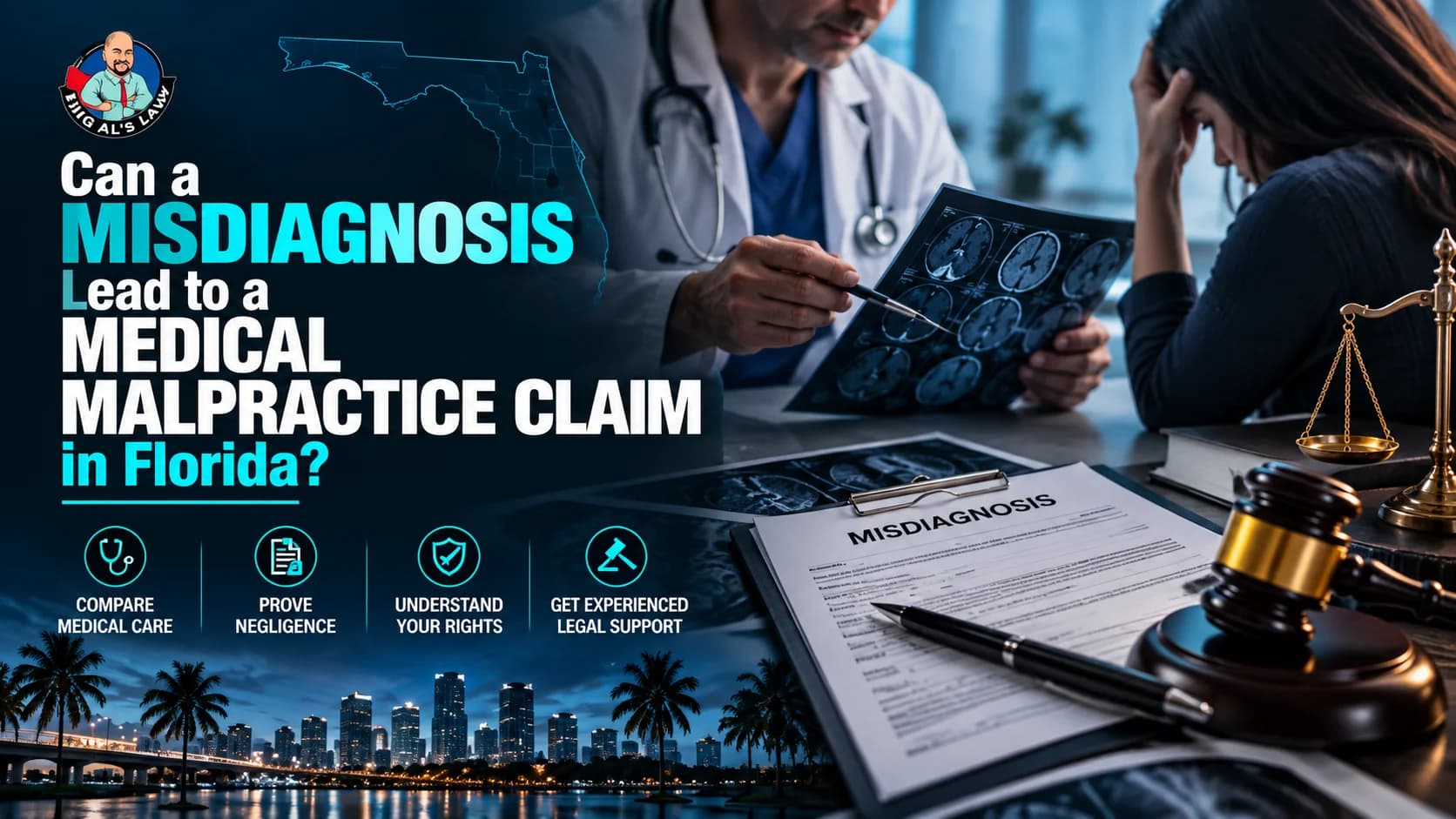 Doctor reviewing brain scans with a distressed patient, alongside a misdiagnosis report, gavel, and Florida skyline.