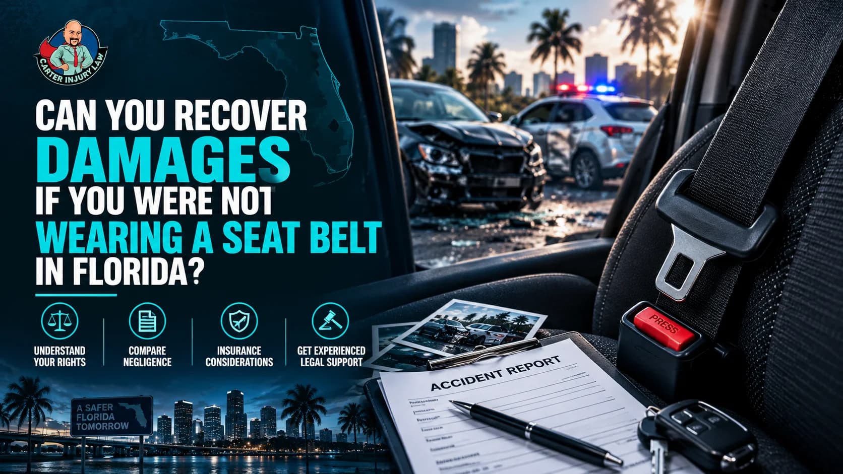 Car seat belt buckle and accident report clipboard with a car crash background and city skyline in Florida.