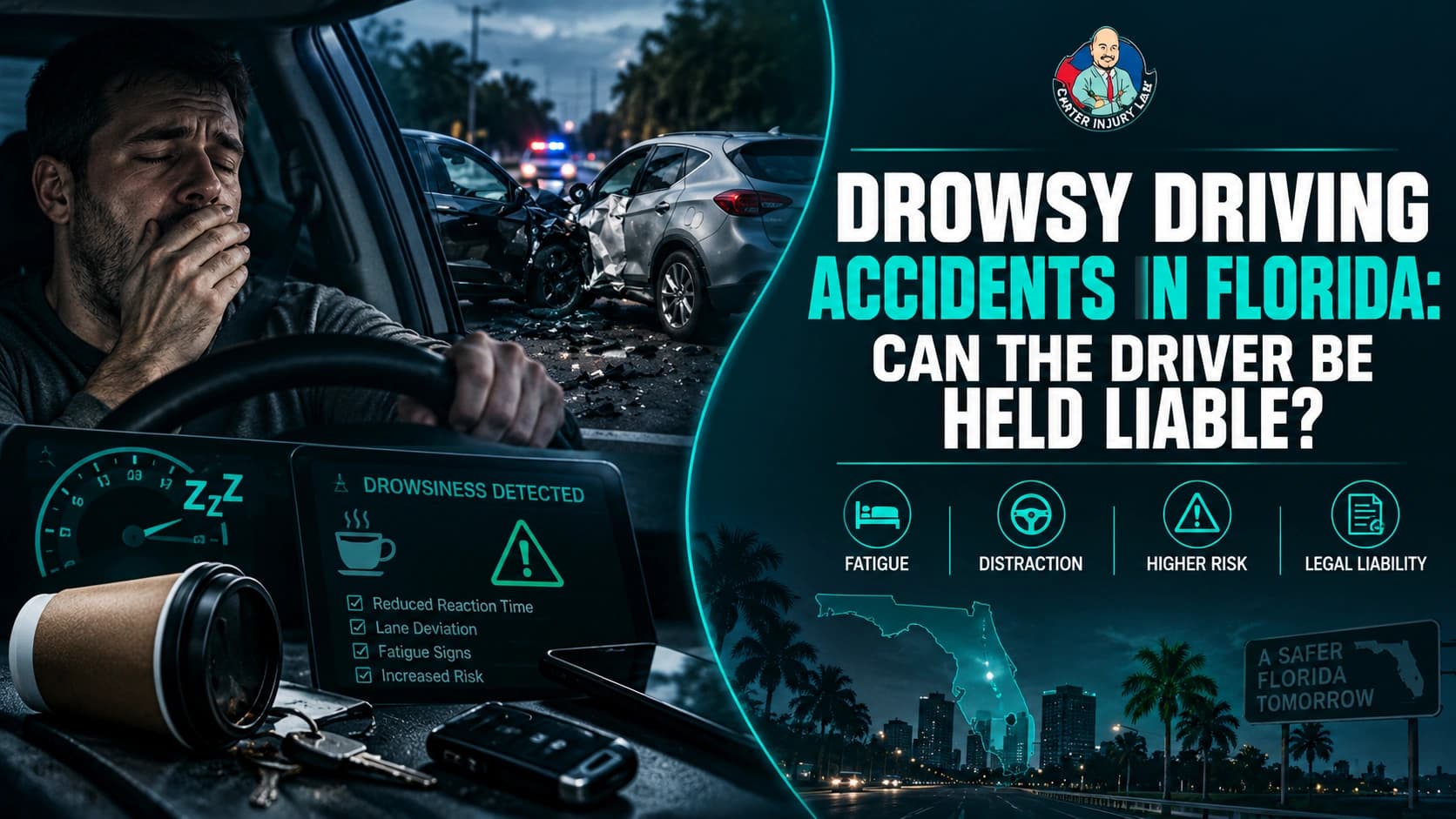 Drowsy Driving Accidents in Florida Can the Driver Be Held Liable Tired driver yawning at the wheel with a car accident and drowsiness warning displayed on the dashboard.