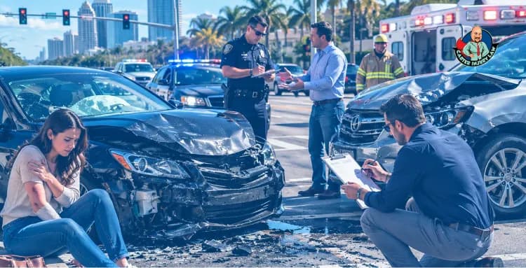 Florida Comparative Fault Laws and Accident Compensation Police and legal investigators documenting a multi-vehicle accident for comparative fault claims in Florida