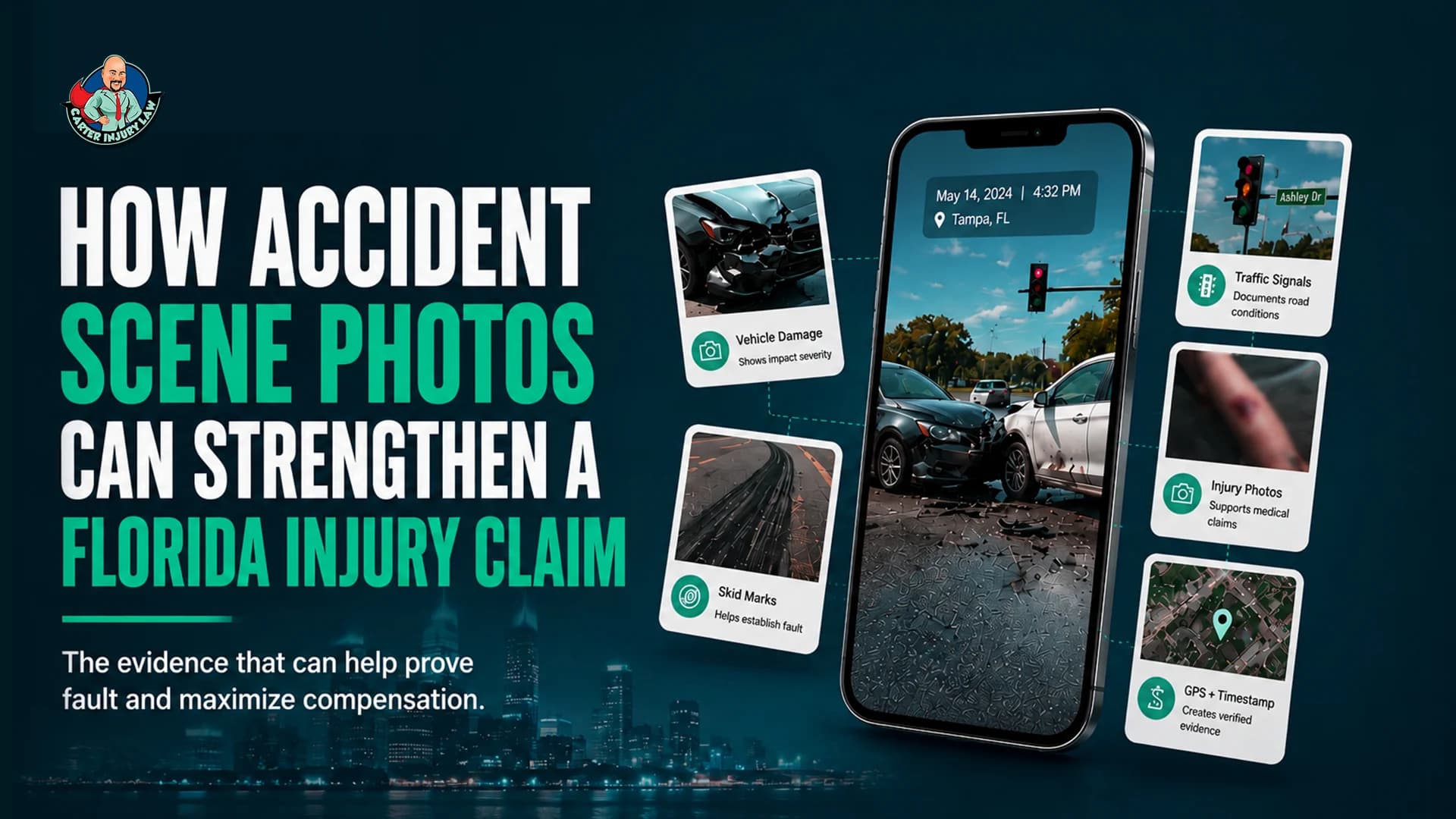 Smartphone displaying crash scene photos with vehicle damage, skid marks, injuries, and GPS evidence for a Florida injury claim.