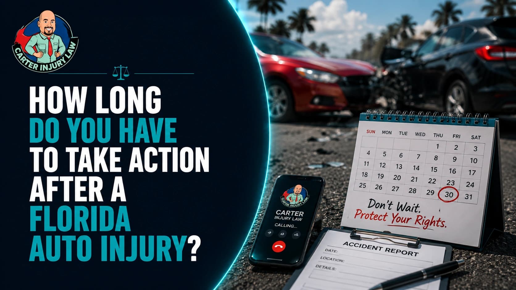 How Long to Take Action After a Florida Auto Injury Calendar, accident report clipboard, and calling phone in front of a car crash scene for Florida injury claim timeline.