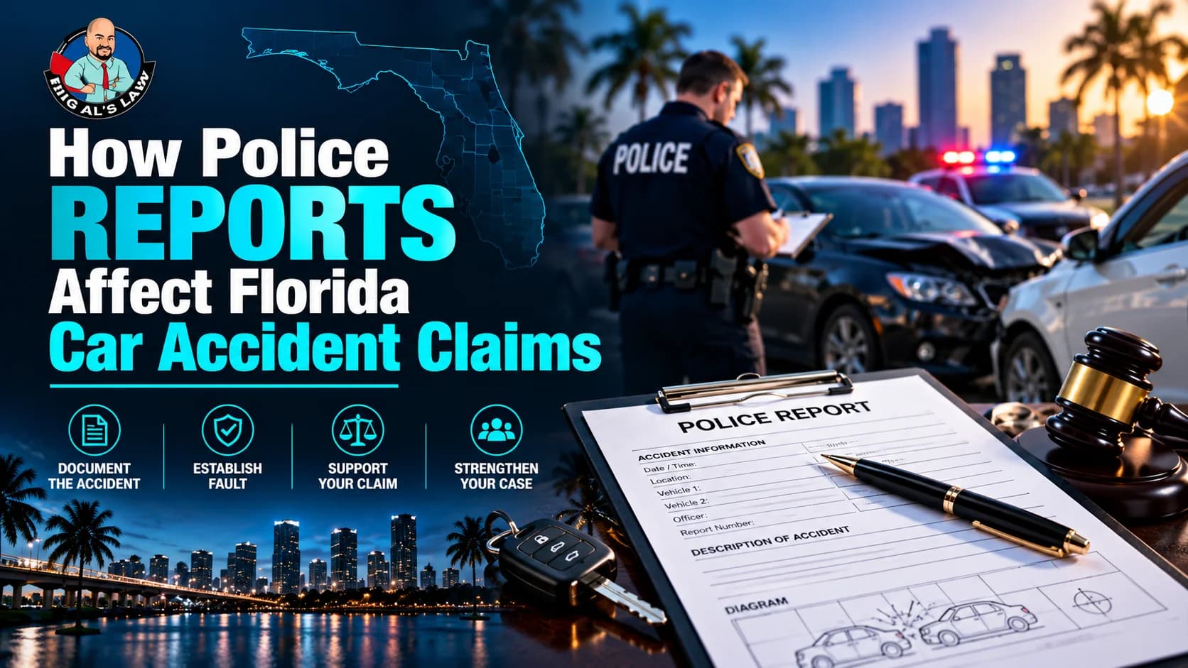 Police accident report form with pen, gavel, and keys beside an officer investigating a car crash scene.