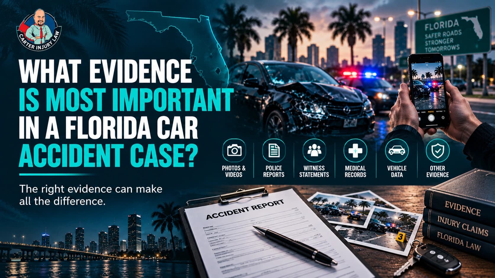 Key Evidence for a Florida Car Accident Case Claims An accident report, photo evidence, and legal books documenting crucial proof for a Florida car crash claim.