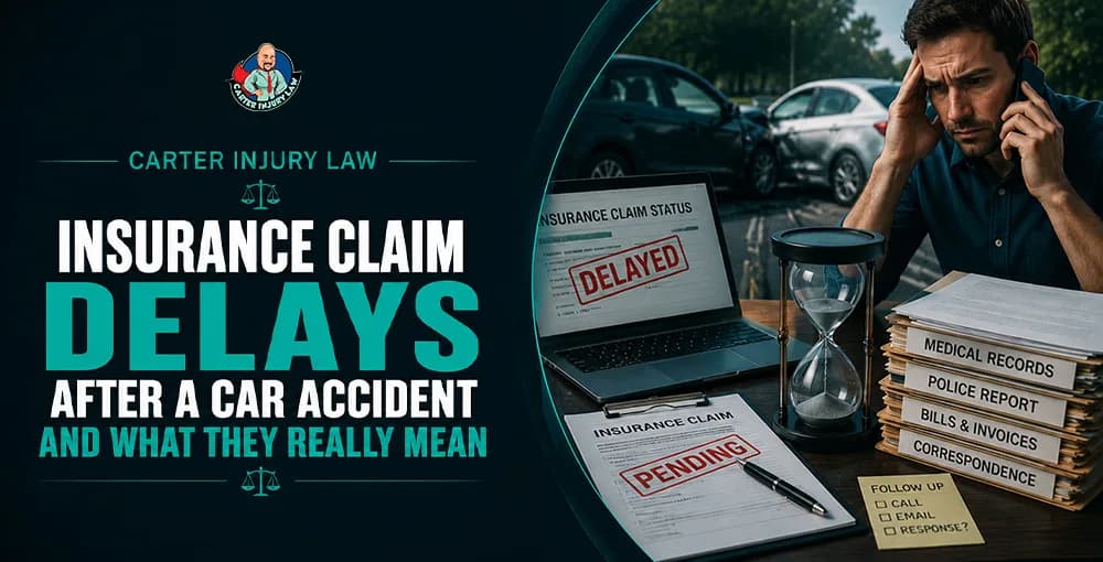 Insurance claim delay after a car accident with pending paperwork, medical records, and crash scene in the background