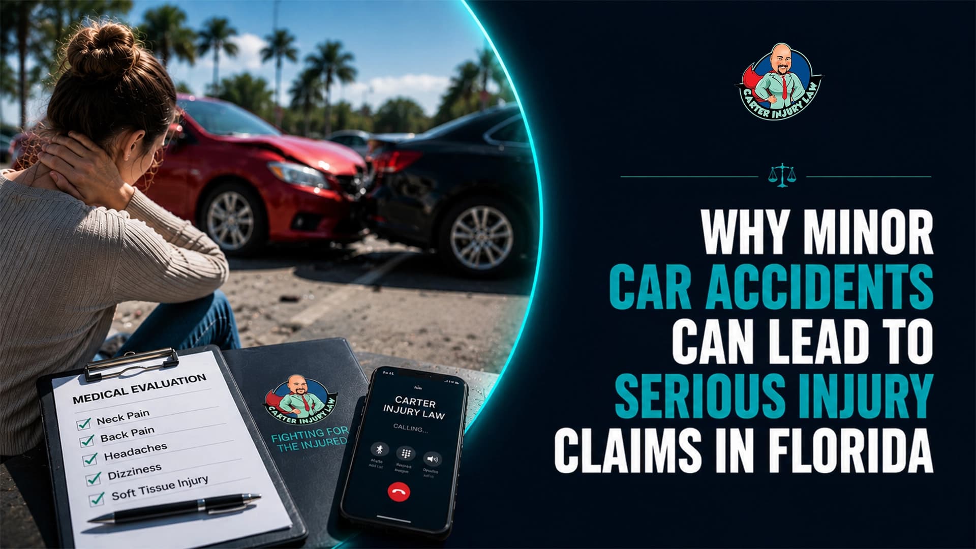 Minor car accident in Florida with an injured driver, damaged vehicles, medical evaluation checklist, and personal injury legal consultation.
