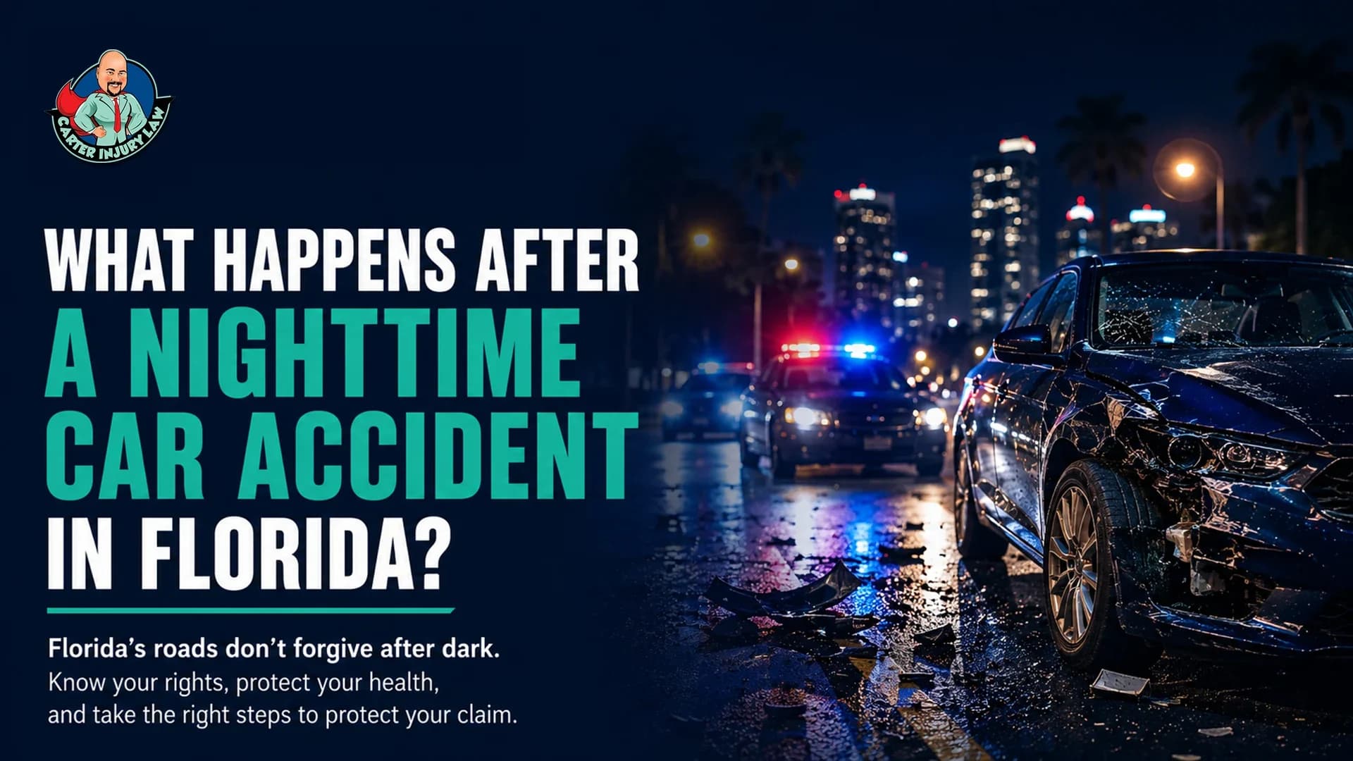 What Happens After a Nighttime Car Accident in Florida Nighttime car accident scene in Florida with damaged vehicle and police lights on city street