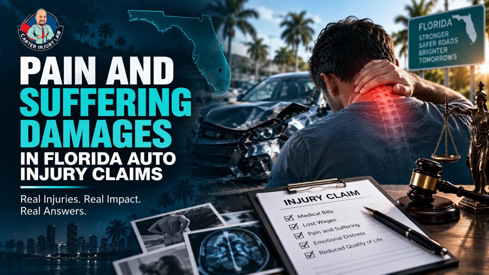 Person holding their neck in pain next to an injury claim clipboard, car crash background, and a Florida sign.