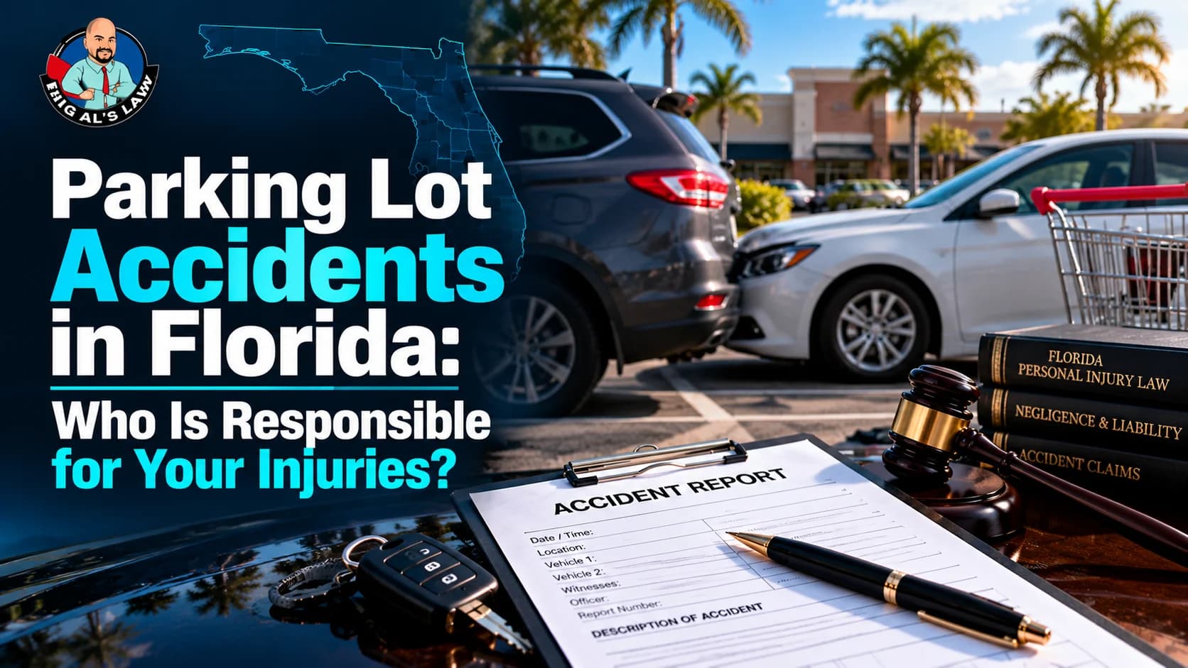 Florida Parking Lot Accidents: Liability and Injury Law Car collision in a parking lot behind an accident report, judge's gavel, car keys, and Florida law books.