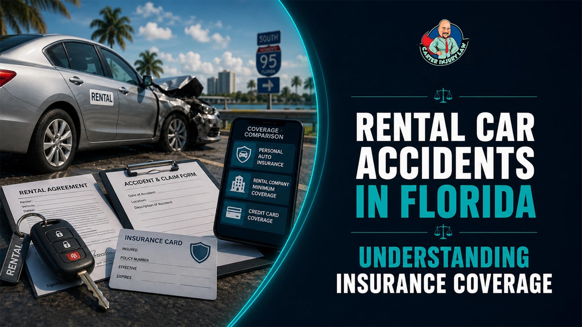 Rental car accident in Florida with insurance documents, rental agreement, claim form, and coverage comparison information.