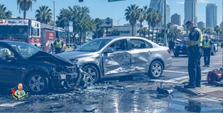 Tampa Intersection Car Accident Legal Assistance Police officers investigating a multi-vehicle car accident at a busy Tampa intersection