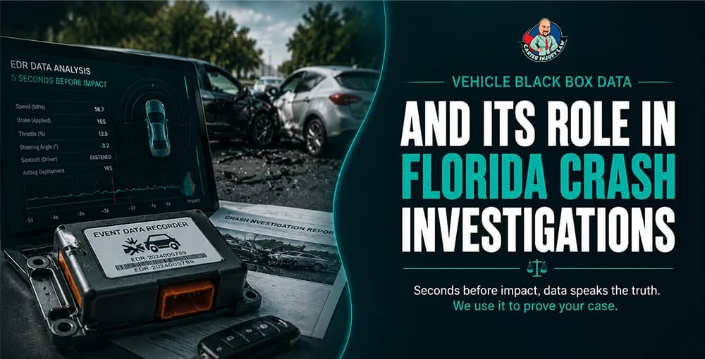 Vehicle black box data recorder and crash scene used in Florida accident investigation and injury claim evidence
