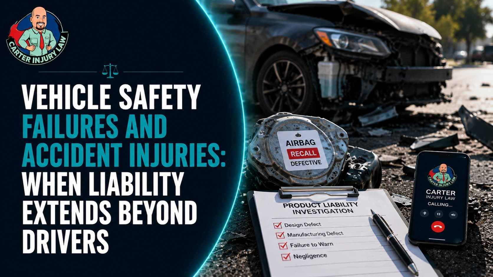 Vehicle Safety Failures & Product Liability Claims Defective airbag component and liability checklist clipboard in front of a wrecked car at crash scene
