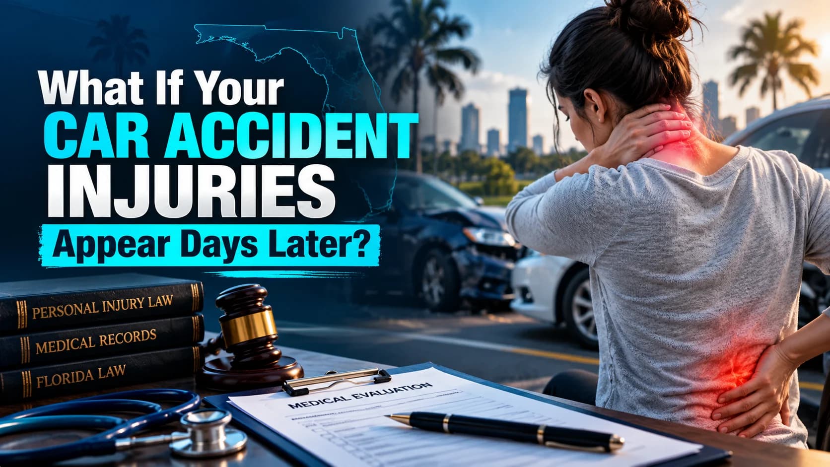 Woman holding her neck and back in pain after a car accident, with personal injury law books, a stethoscope, and a medical evaluation report on a desk.
