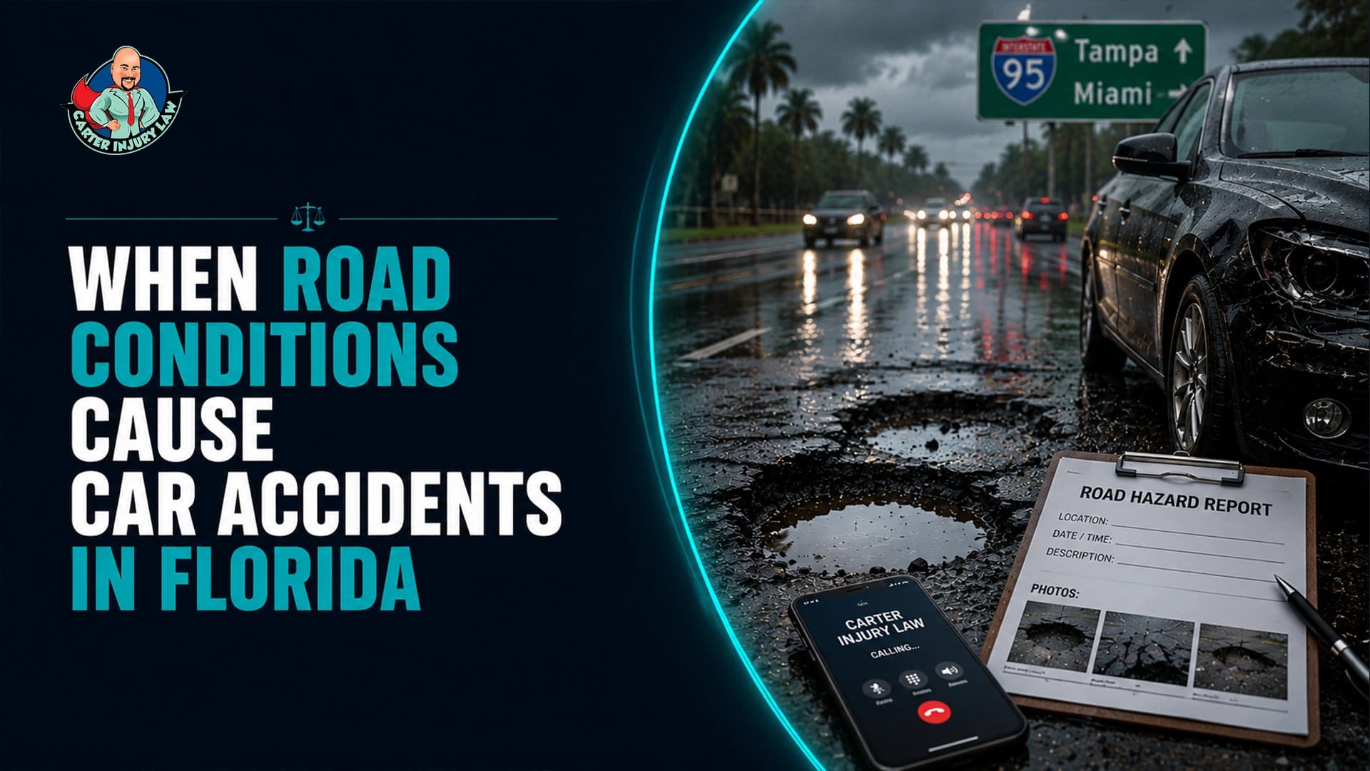 Florida car accident graphic showing a damaged vehicle, pothole, wet roadway, road hazard report, and legal consultation related to road conditions causing traffic accidents.