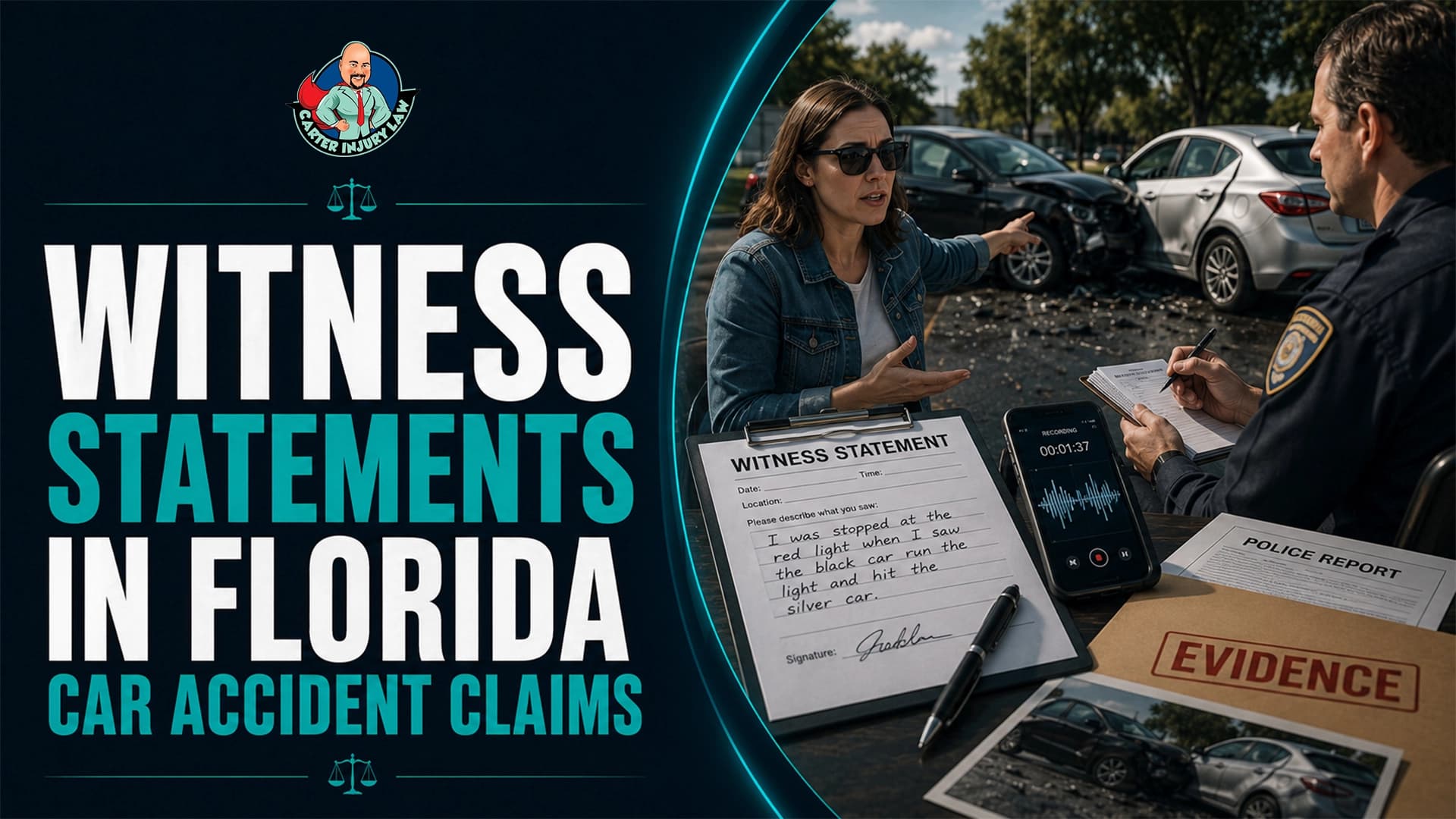 How Witness Statements Impact Car Accident Claims in Florida Witness providing a statement to a police officer after a car accident in Florida, with evidence, police reports, and recorded testimony.
